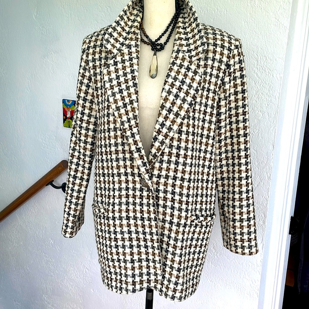 Jessica Scott Vintage Plaid Cream Brown Gray Wool Blend Button,Pockets SizeLarge